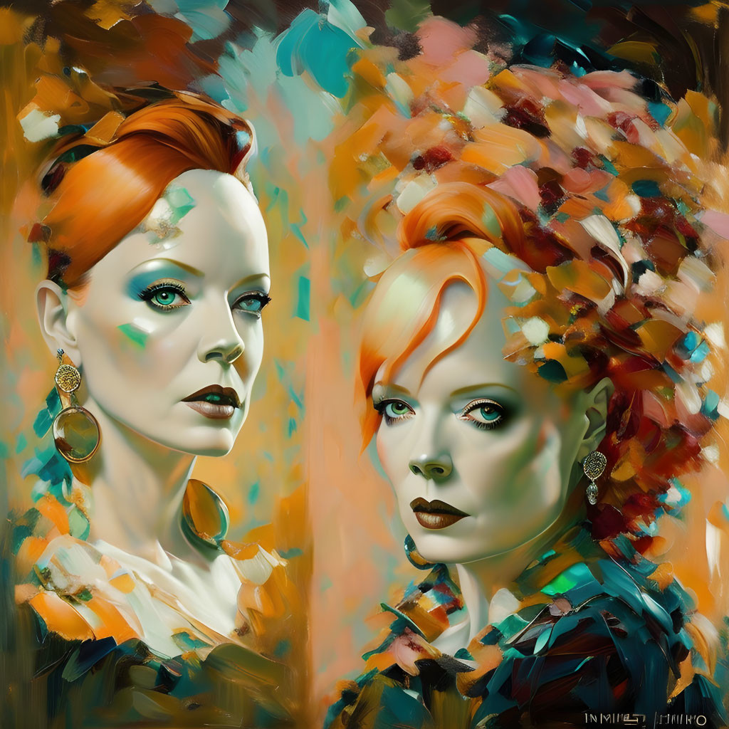 Stylized female portraits with vibrant orange hair and greenish skin tones on abstract multicolored background