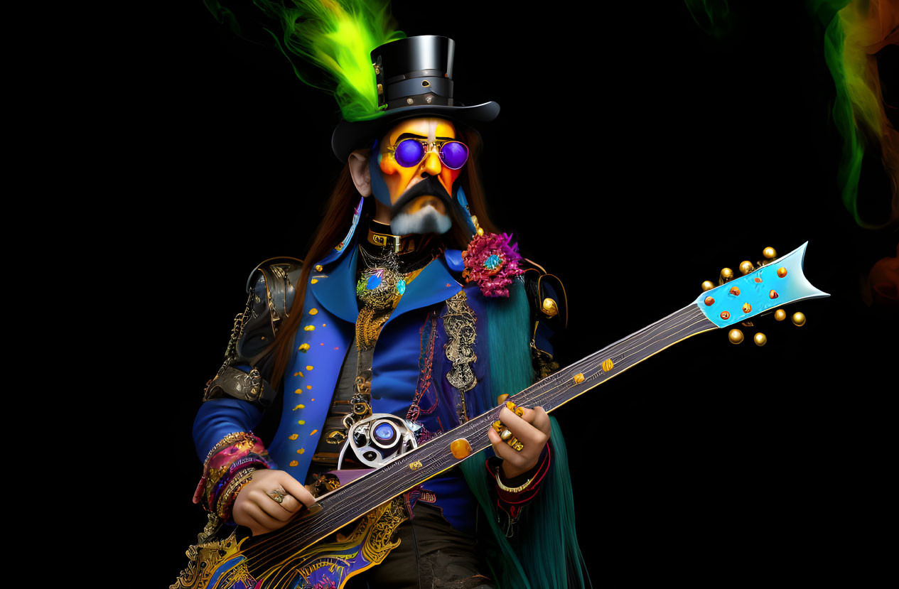 Colorful Illustration of Stylized Guitar Player with Top Hat and Sunglasses