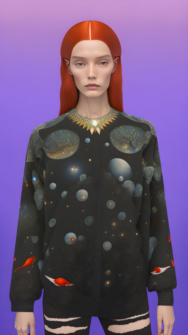 Digital artwork of person with bright red hair, stoic expression, cosmic jacket, purple background