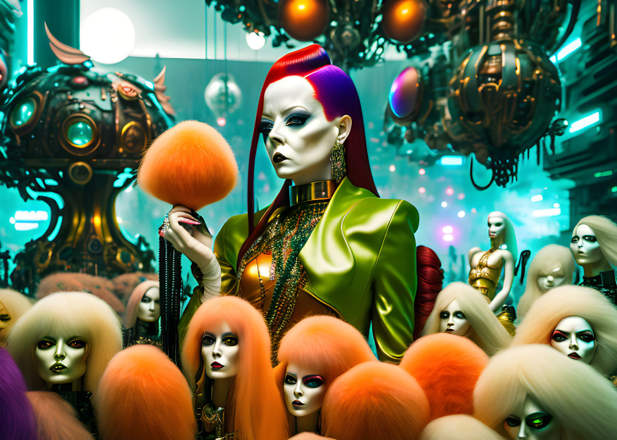 Red-Haired Individual in Green Jacket Among Mannequins Under Surreal Lights