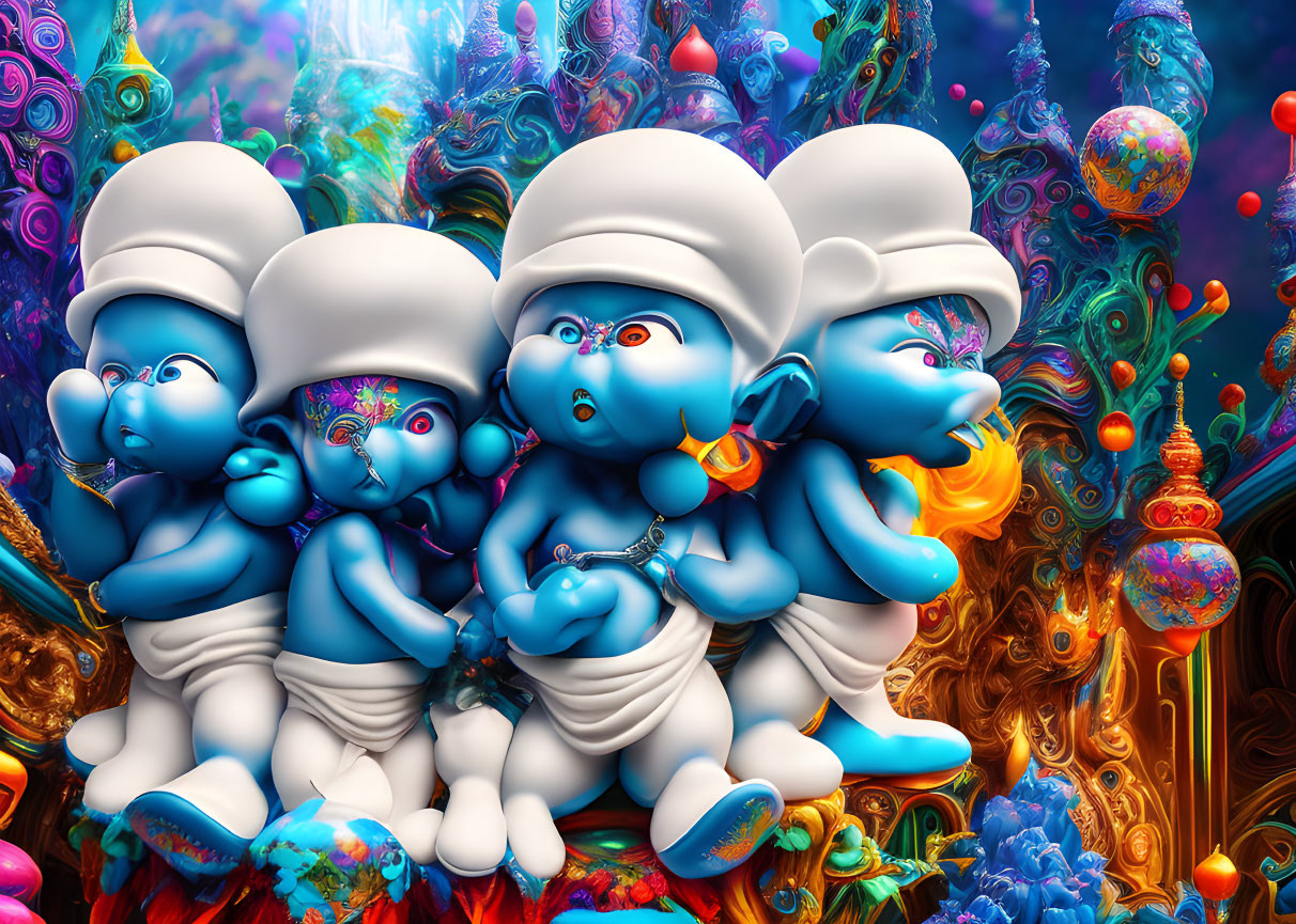 Colorful Digital Artwork: Five Blue Characters in Psychedelic Underwater Scene