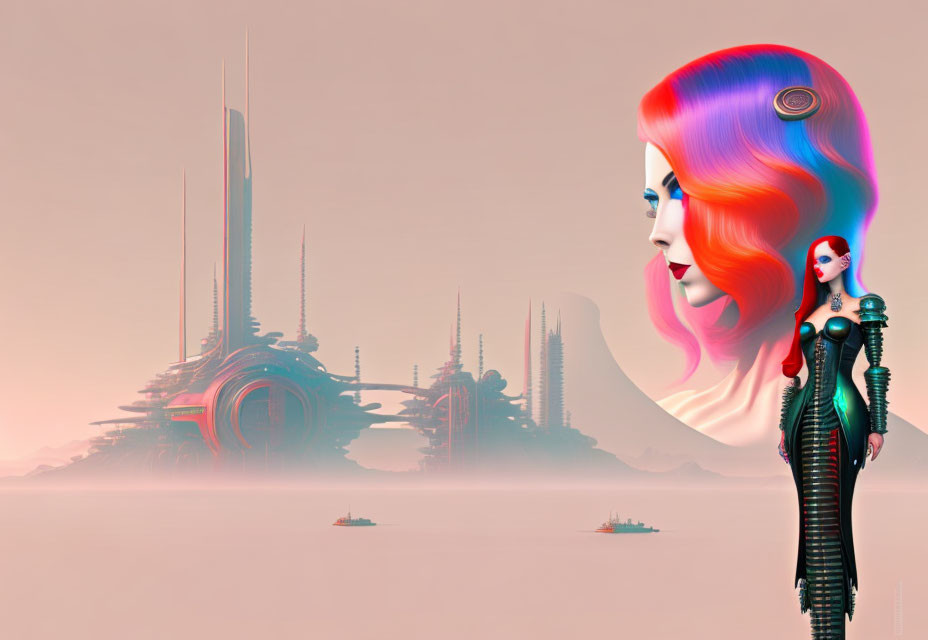 Colorful Stylized Female Profile in Futuristic Cityscape Artwork