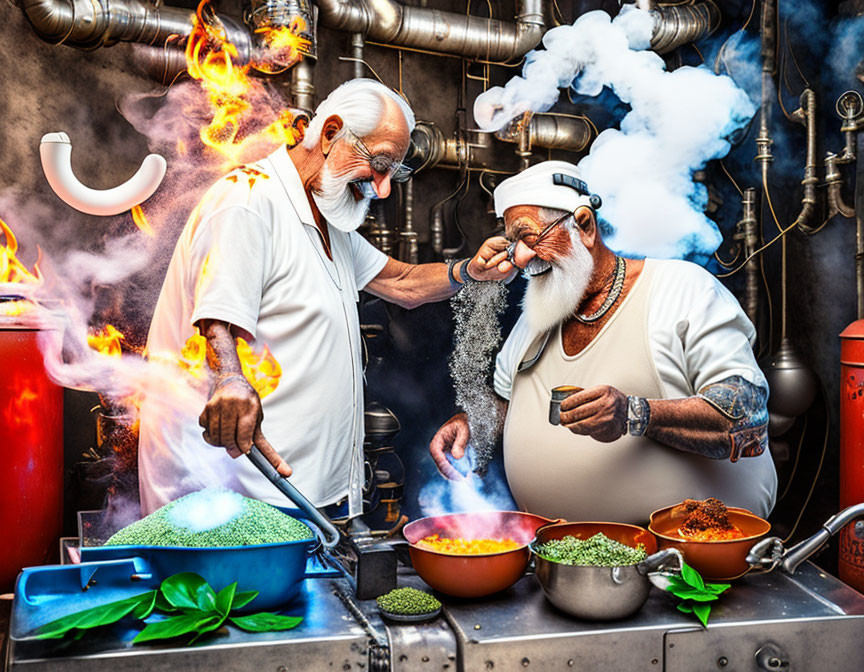 Elderly chefs cooking in whimsical kitchen with colorful smoke and flames