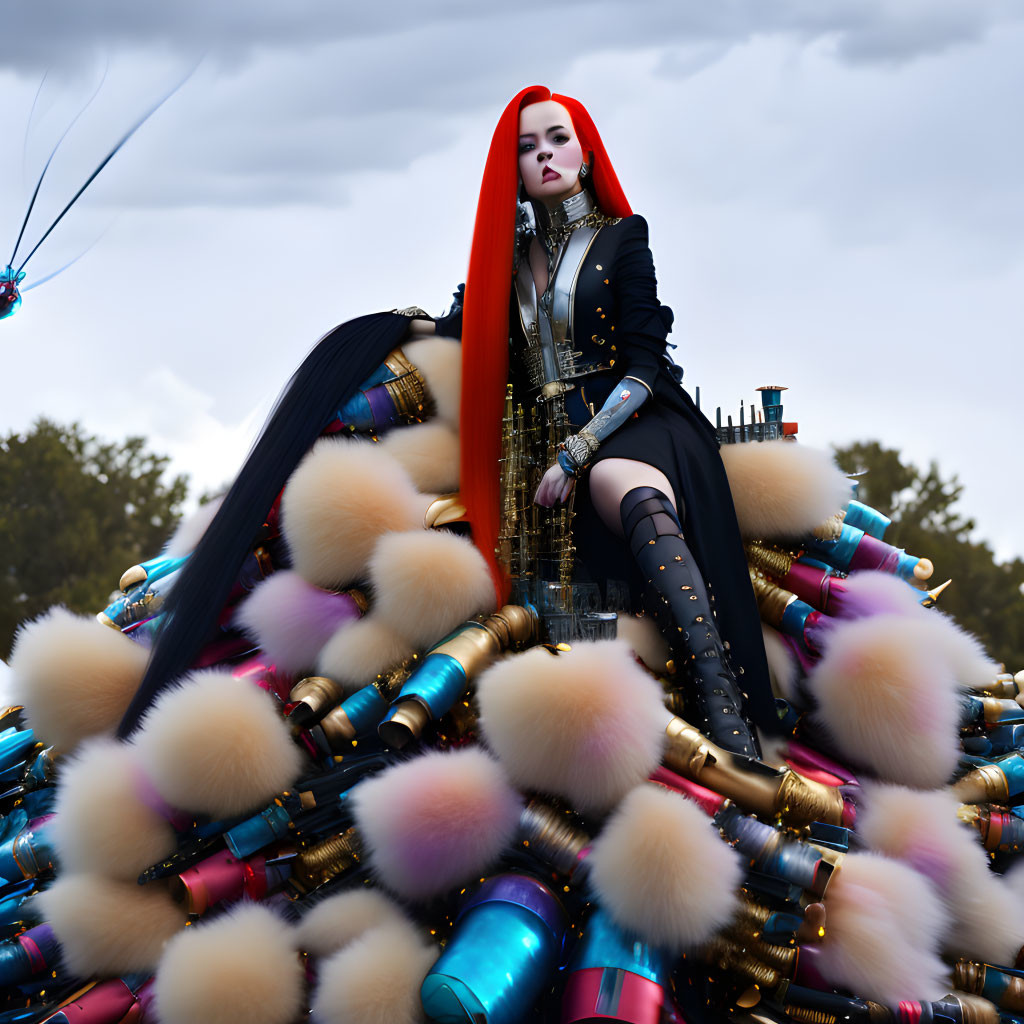 Red and Black Hair Person on Colorful Throne of Hair Styling Tools