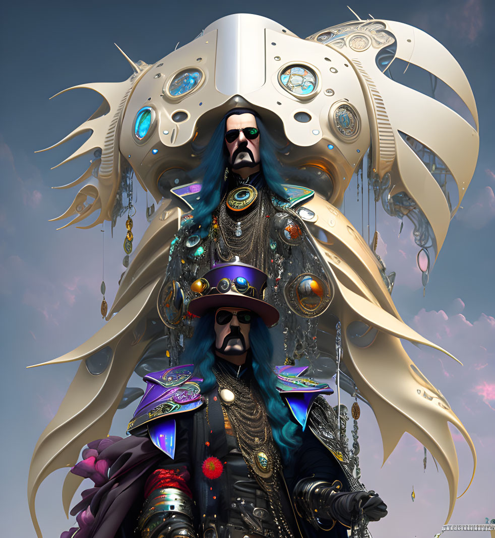 Illustrated character with futuristic hat, coat, gears, jewels, and holographic elements against cloudy sky