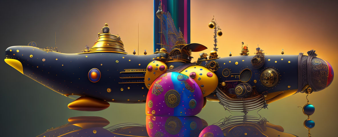 Colorful Steampunk-Style Submarine with Ornate Details Among Quirky Structures