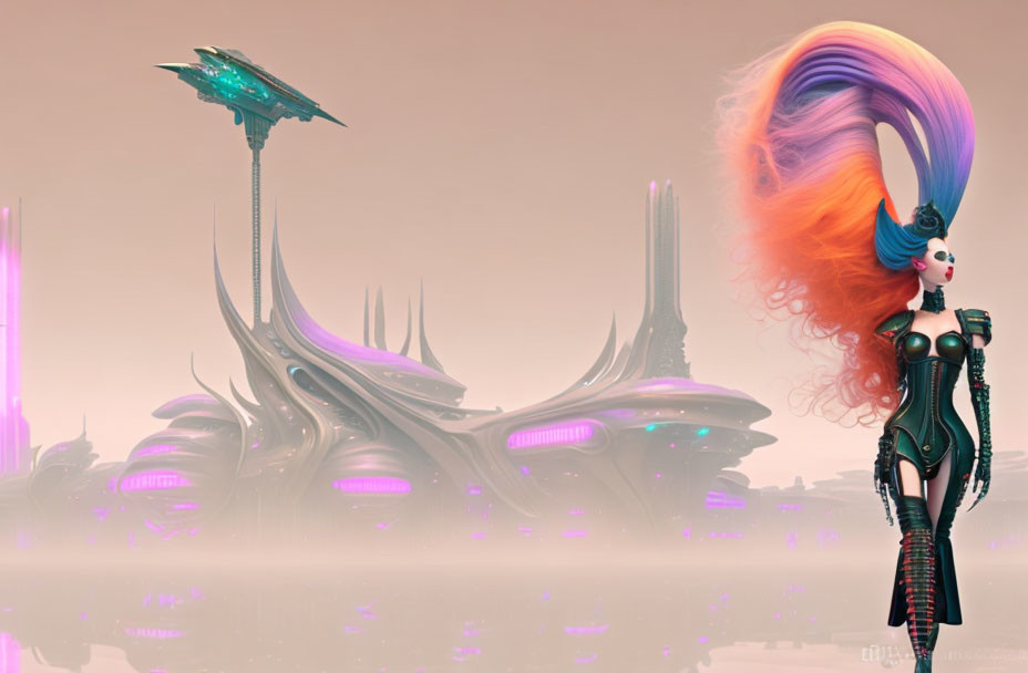 Stylish female figure with multicolored hair in futuristic alien cityscape