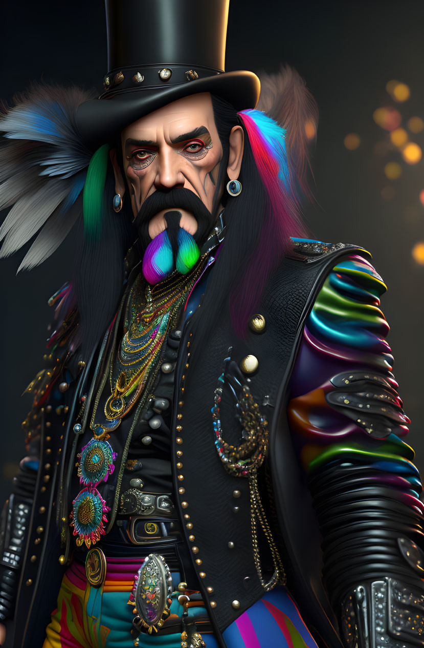 Vibrant portrait of a man with top hat, rainbow beard, ornate jacket