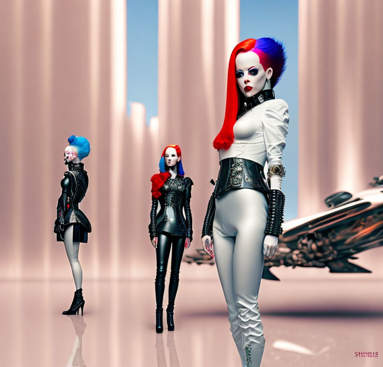 Futuristic female figures in latex outfits with unique hairstyles in surreal pink environment