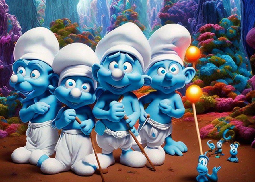 Four blue animated characters in white clothing in a vibrant forest setting with a small creature.