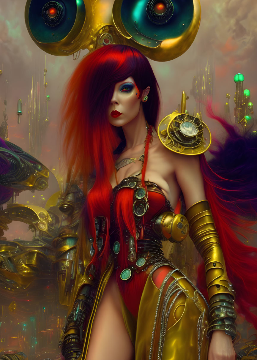 Futuristic female cyborg with red hair and golden armor among alien skyscrapers