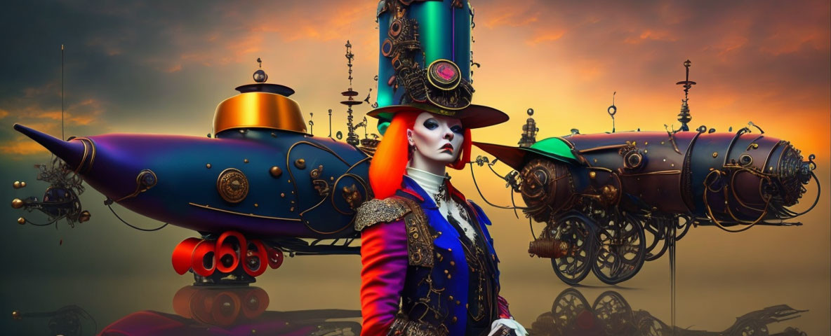 Steampunk Woman in Elaborate Attire with Airship at Sunset