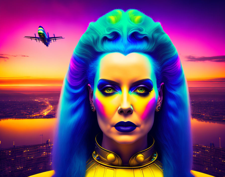 Colorful digital artwork: woman with blue hair and neon makeup under sunset sky with flying plane