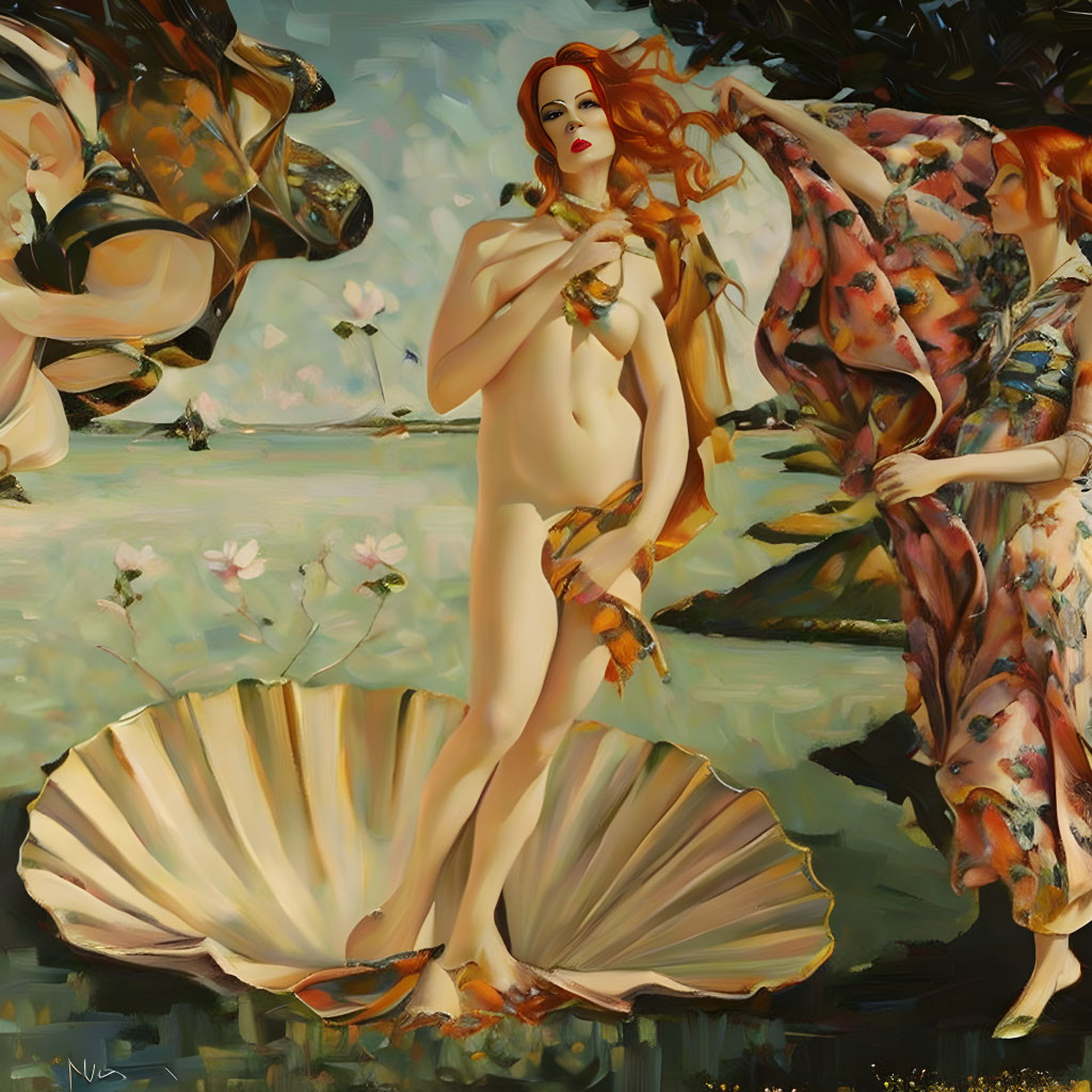 Stylized painting of woman with large shell, inspired by "The Birth of Venus" pose.