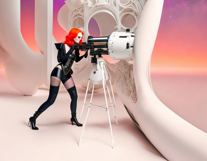 Person with red & white face paint looking through telescope in surreal environment with colorful skies.