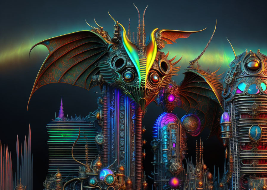 Detailed digital artwork: Mechanical dragon in surreal industrial setting