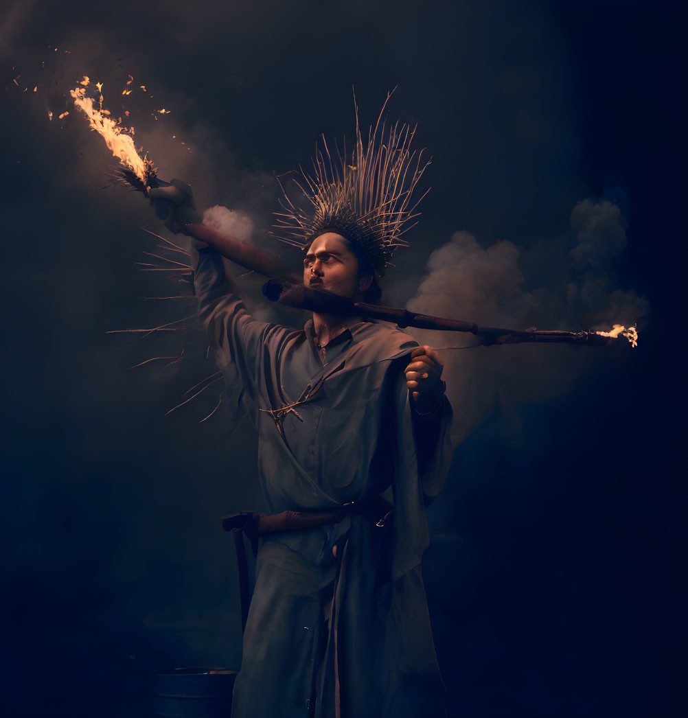 Person in robe with crown headpiece holding flaming staff and torch in dark, smoky background