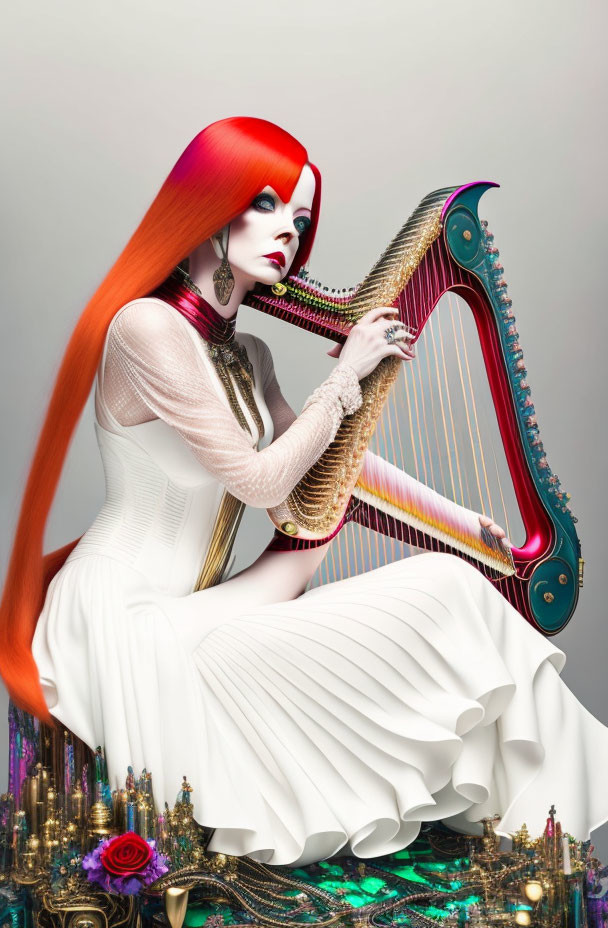 Stylized image of woman with red hair playing harp in futuristic setting