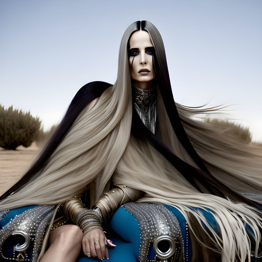 Woman with long flowing hair in dark top on blue cushion