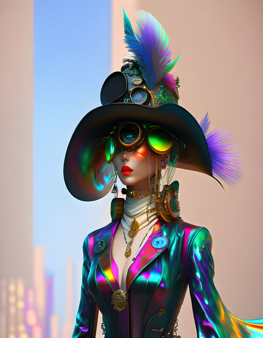 Colorful futuristic person in wide-brimmed hat and reflective sunglasses