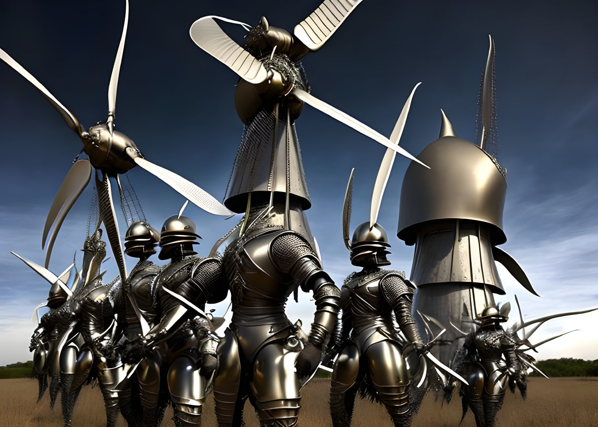 Armored knight figures with mechanical wings under blue sky and wind turbines