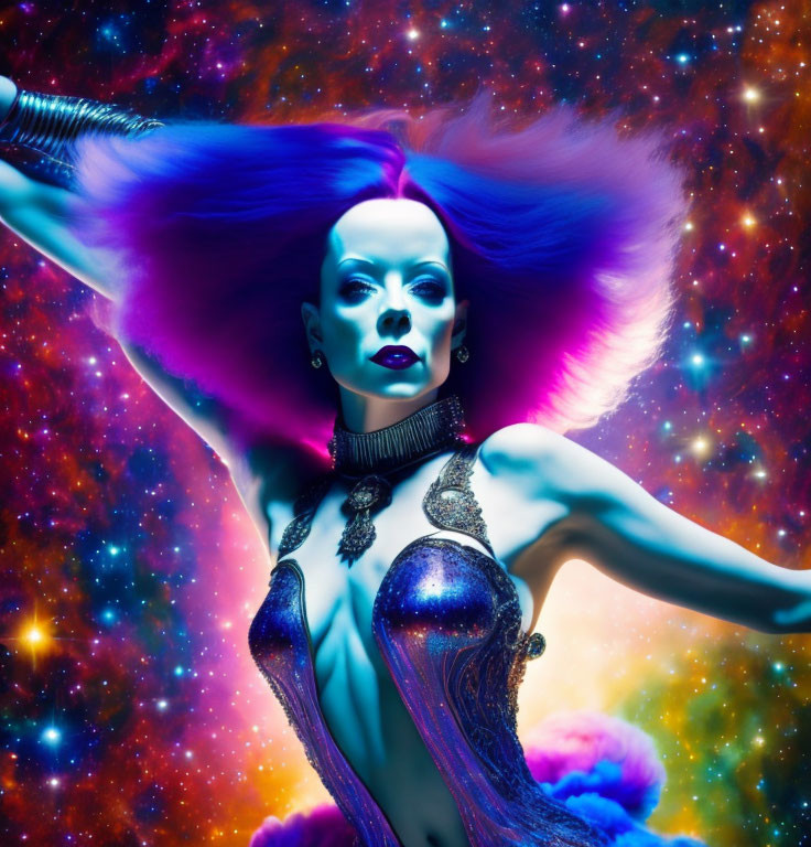 Colorful cosmic portrait with exaggerated makeup, hair, and jewelry against starry space backdrop