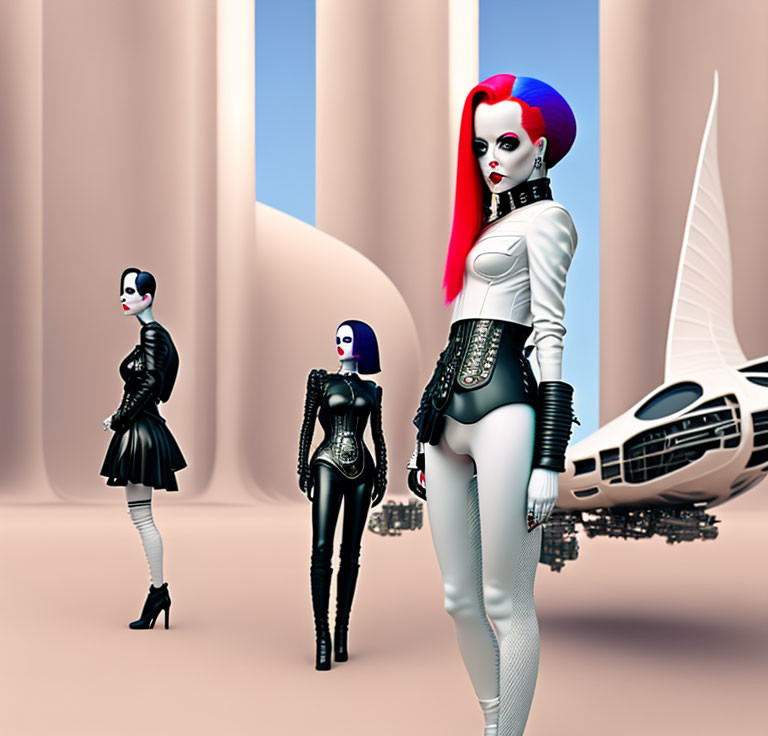 Three futuristic female figures in stylish outfits with unique hairstyles in abstract environment.