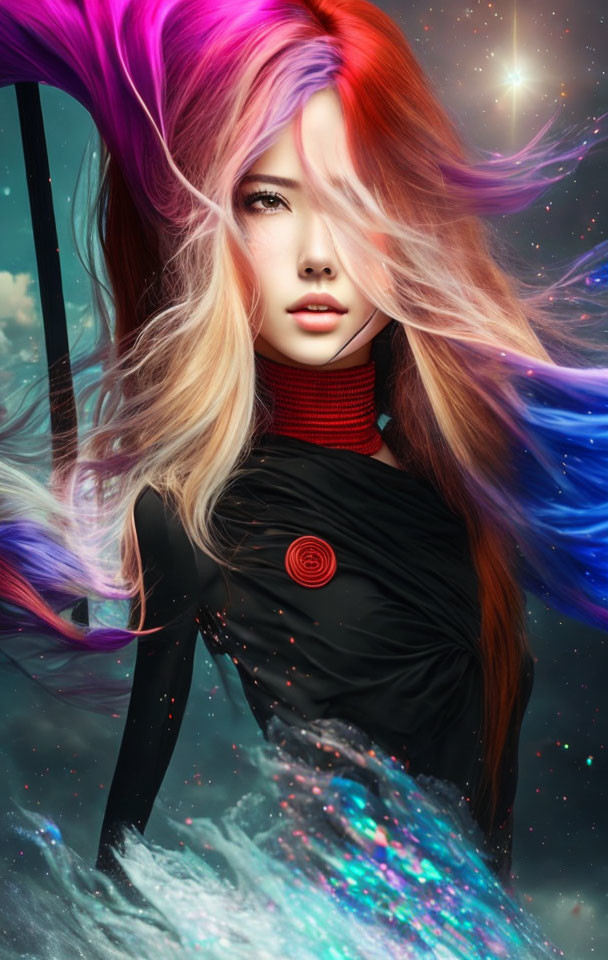 Colorful flowing hair merges with cosmic backdrop in vibrant portrait