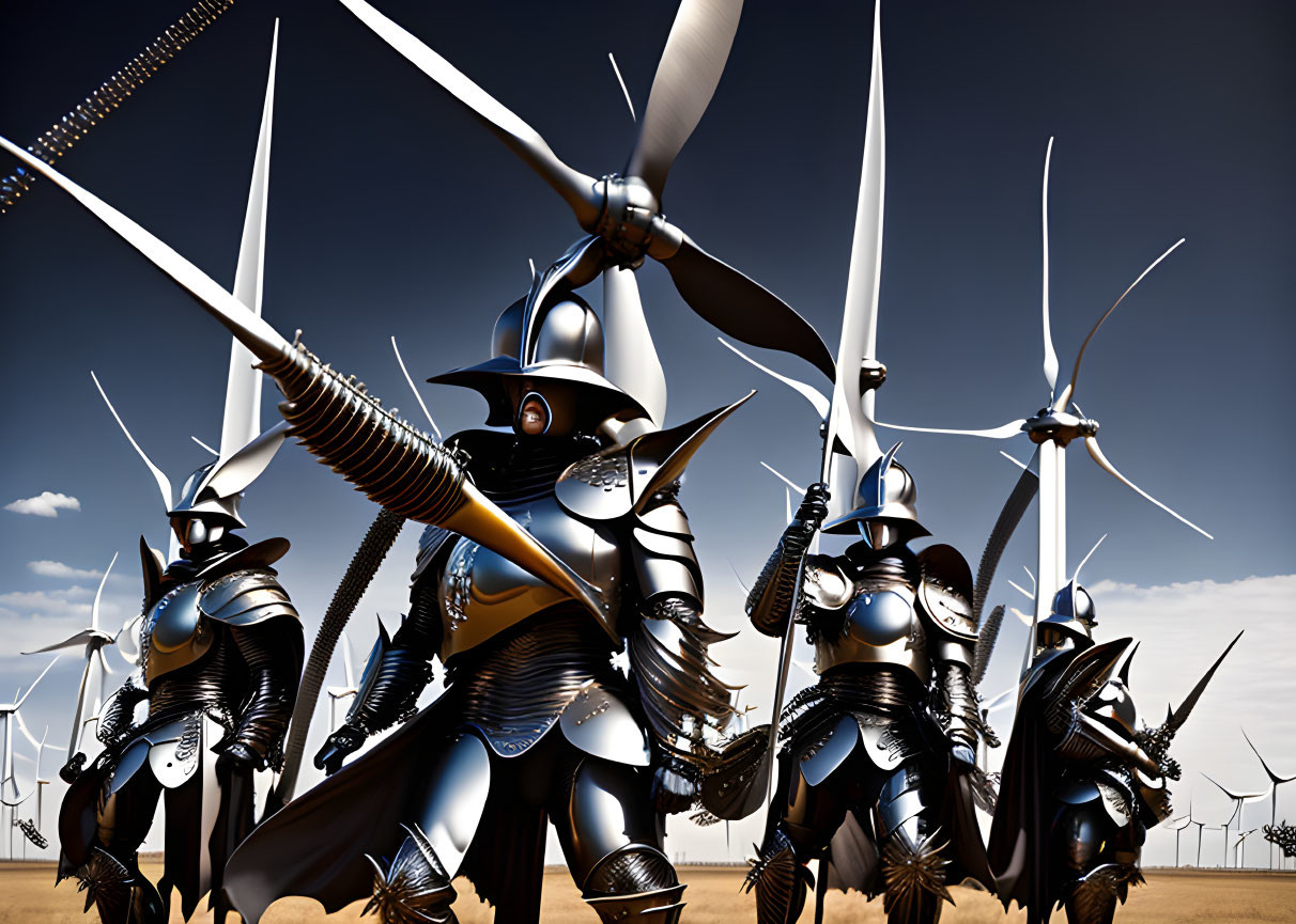 Futuristic knights in sleek armor by wind turbines under clear sky