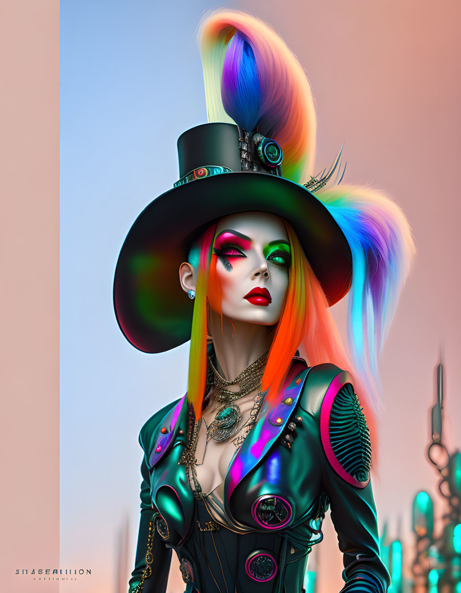 Multicolored hair, vibrant makeup, top hat, futuristic outfit with green details