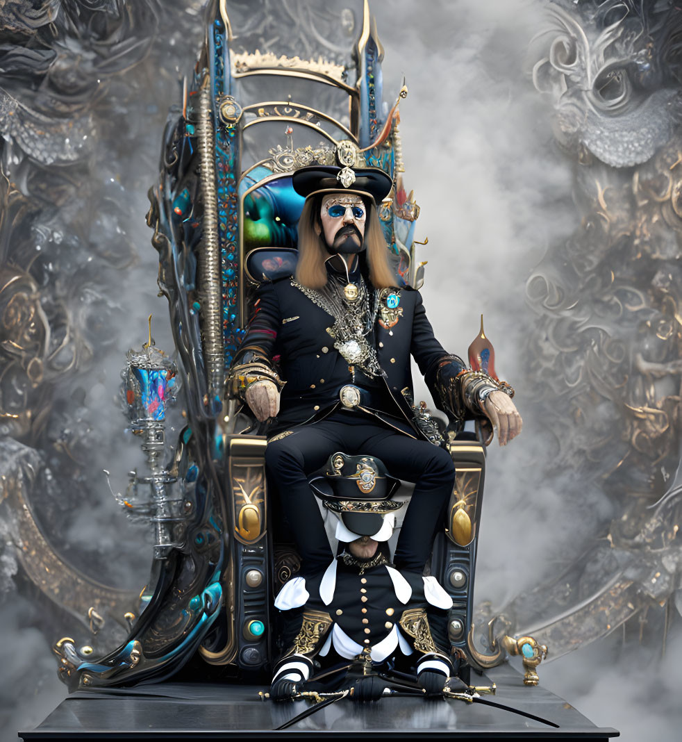 Ornate Skeleton Figure in Military Uniform on Elaborate Throne