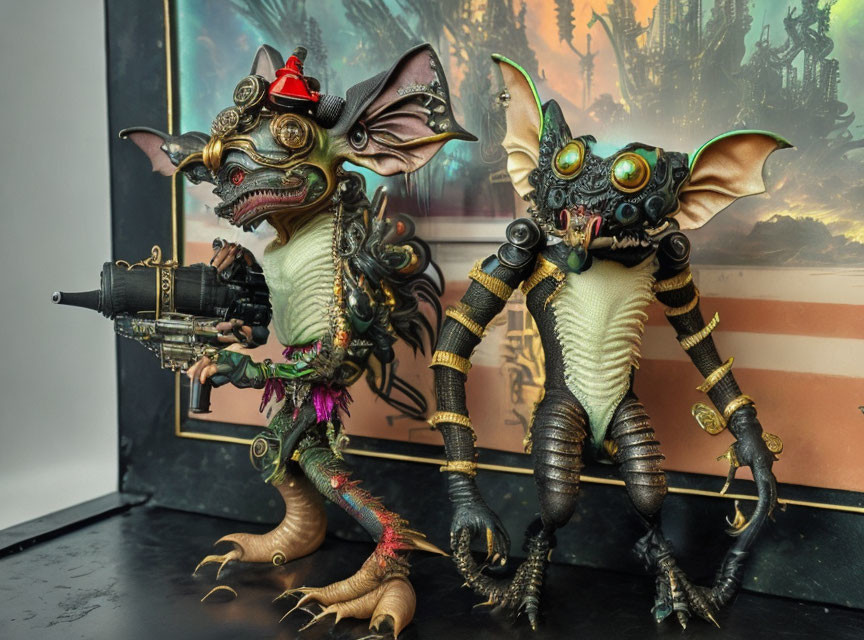 Whimsical steampunk gremlin figures with gadgets and weapons in fantasy scene