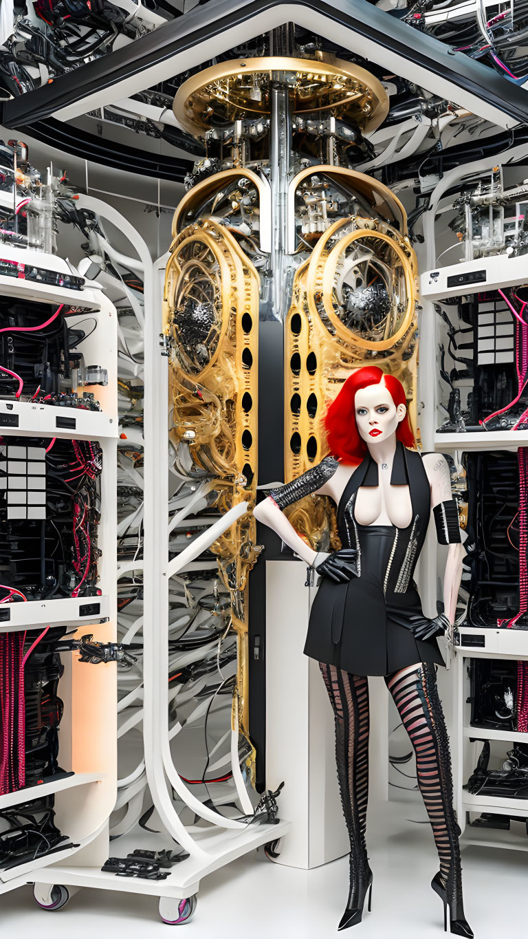 Futuristic woman with red hair in black outfit in high-tech server room