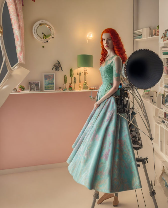 Red-haired woman in pastel room with vintage microphone and blue dress