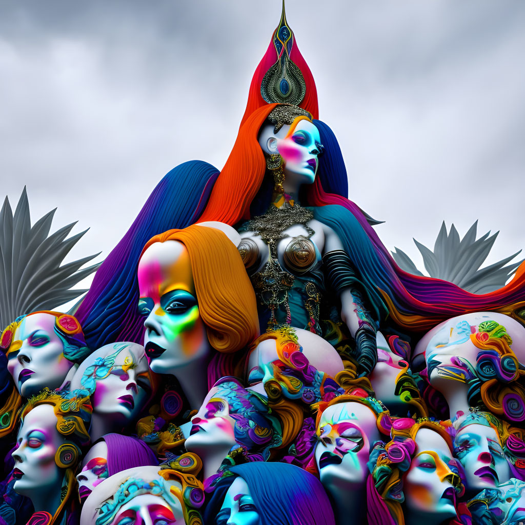 Colorful surrealistic image of central figure with elaborate hair and vibrant faces against cloudy sky