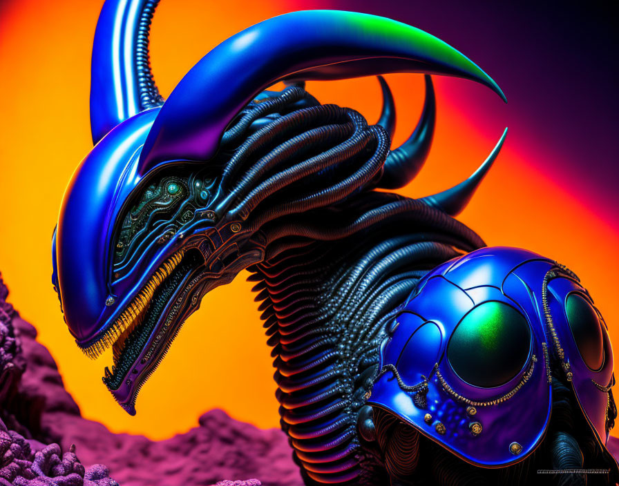 Iconic Xenomorphs in vibrant orange and purple backdrop