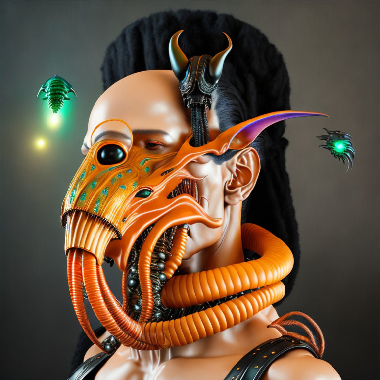 Futuristic portrait of person with elaborate alien-like orange mask and green glowing drones