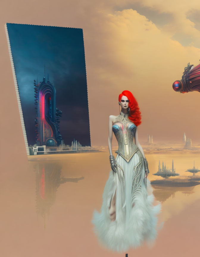 Futuristic sci-fi art: Woman with red hair in white dress against dark backdrop.