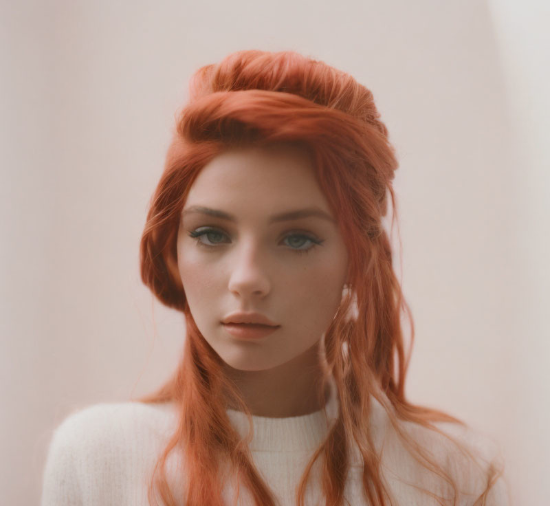 Portrait of Woman with Red Updo and White Sweater