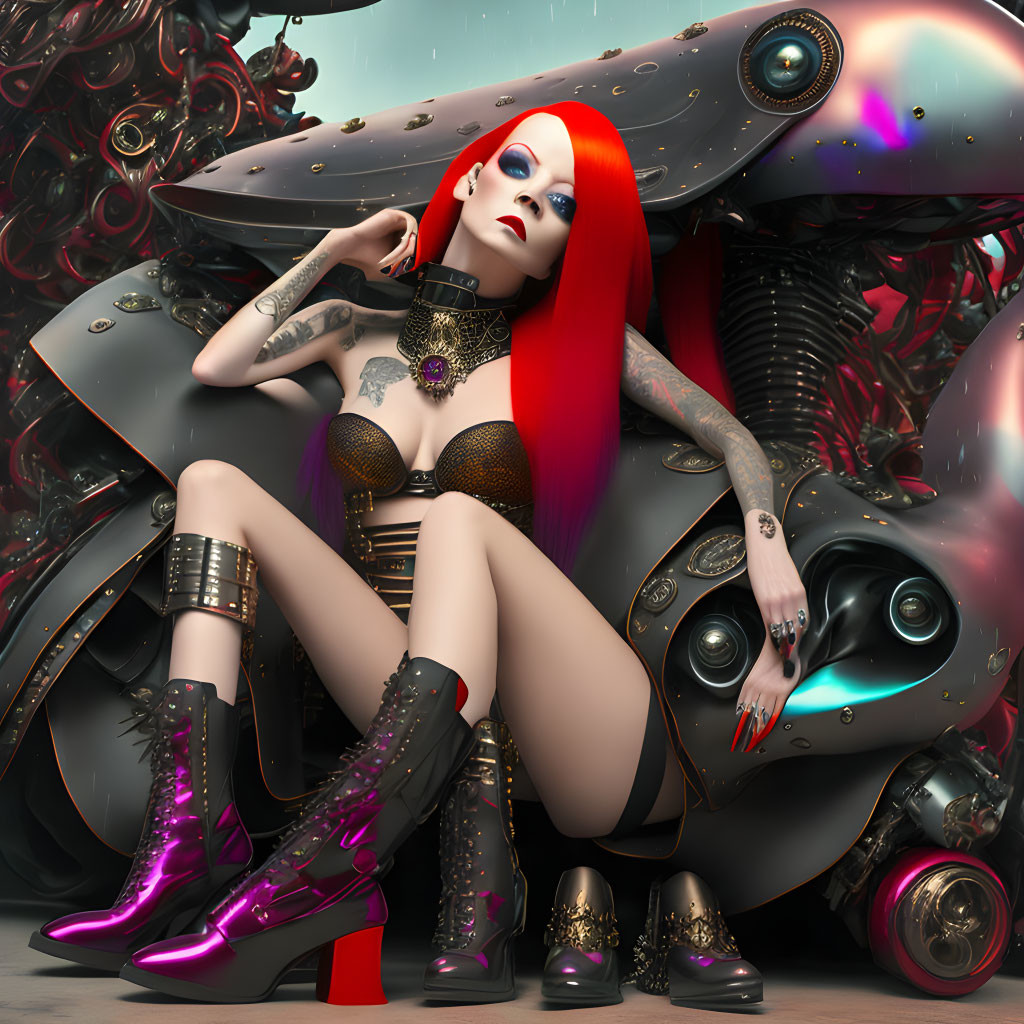 Abstract cyberpunk art: Female character with red and white hair in futuristic makeup and attire posing with mechanical