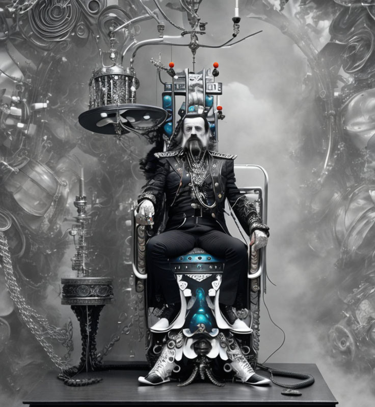 Steampunk-themed Victorian figure on throne with mechanical elements