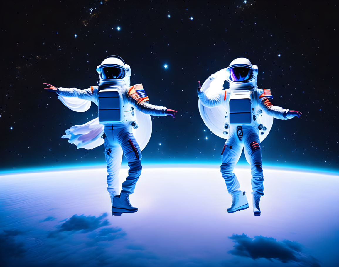 Astronauts in space suits floating with Earth and stars.