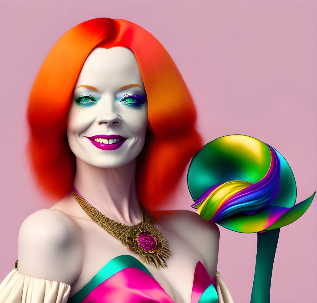 Colorful digital artwork featuring a woman with orange and red hair, green eyes, and whimsical elements