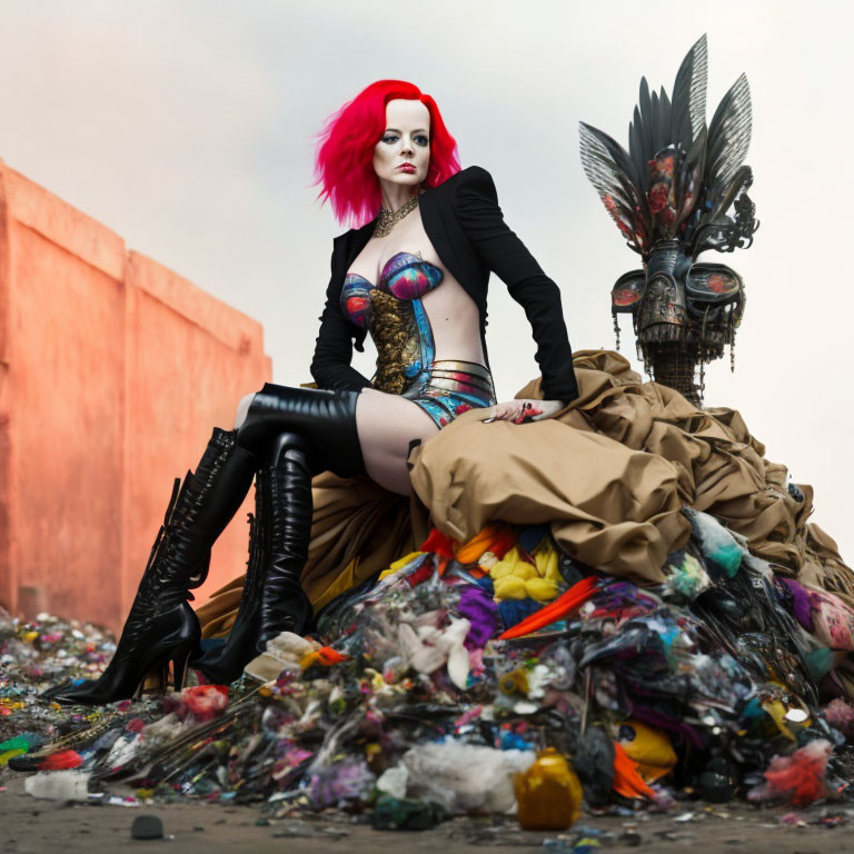 Vibrant red-haired person in edgy attire poses on colorful trash heap with mysterious figure in feather