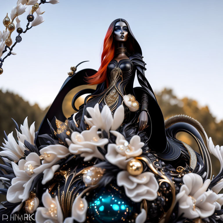 Fantasy Female Figurine in Elaborate Black and Gold Armor with Red Hair and Orbs