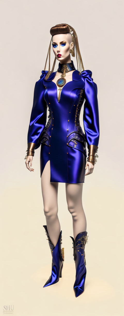 Female Model in Futuristic Blue Metallic Dress and Boots