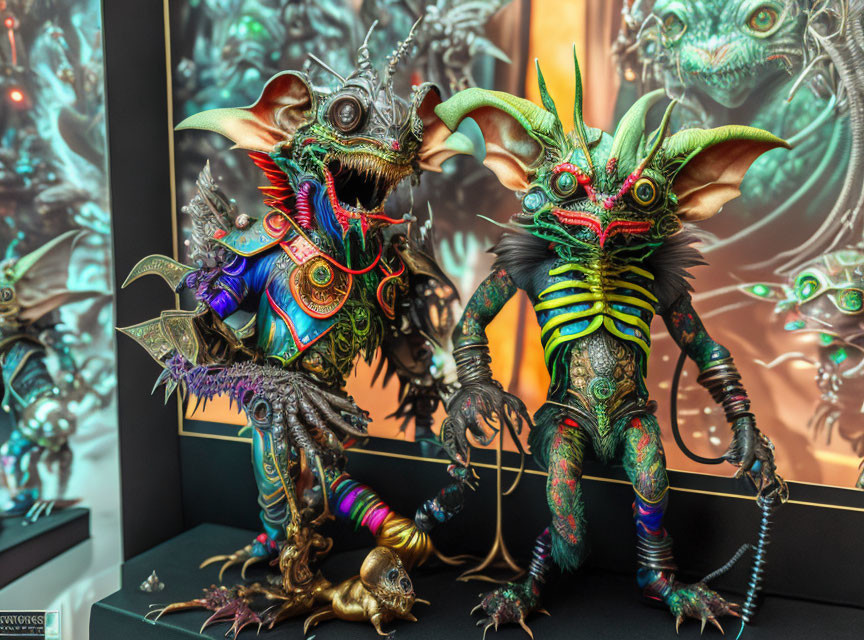 Colorful fantasy creature figures with sharp teeth and horns on artistic backdrop.