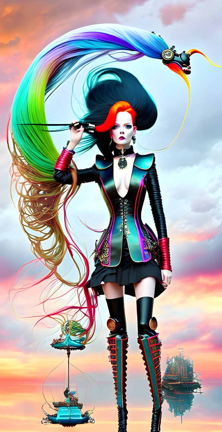 Illustration of woman with multicolored hair in black outfit against sky with floating ships