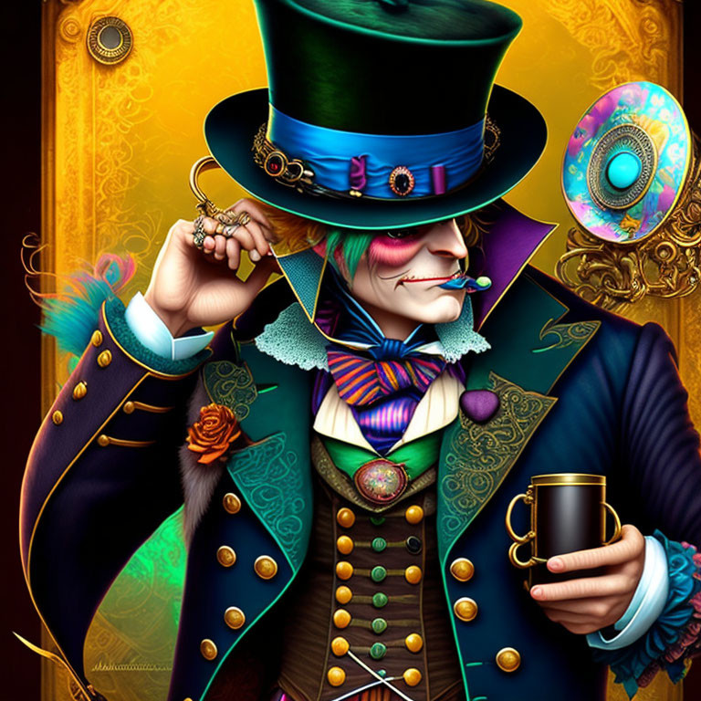 Whimsical character in Mad Hatter style with top hat and teacup