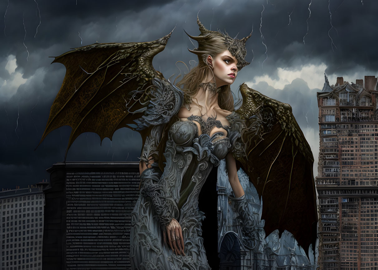 Gothic fantasy figure in ornate armor with dragon-like wings on stormy building.